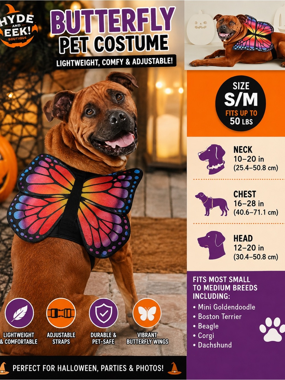 Hyde & Eek! Butterfly Dog Costume — Multicolor Wings (S/M)